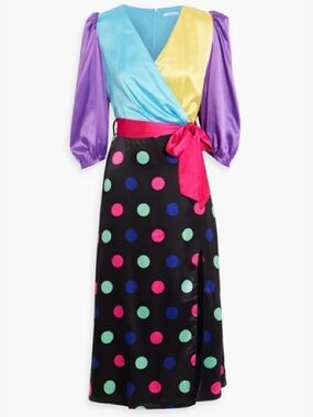 NWT! OLIVIA RUBIN Paloma wrap-effect polka-dot satin midi dress Sz US 6